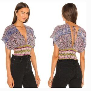 Free People Purple Next Vacation Smocked Cropped Boho Top